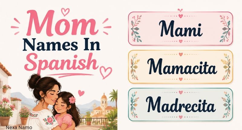 Mom names in Spanish featuring Mami, Mamacita, and Madrecita displayed in decorative name boxes with a cultural mother theme