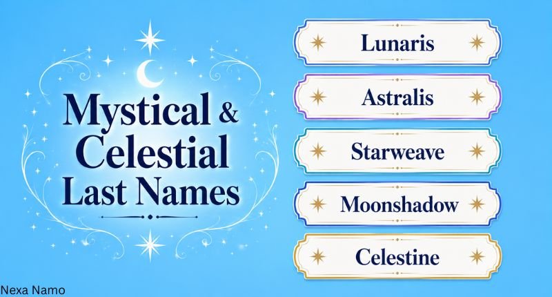 mystical pretty last name ideas with celestial stars, moon, and decorative name cards