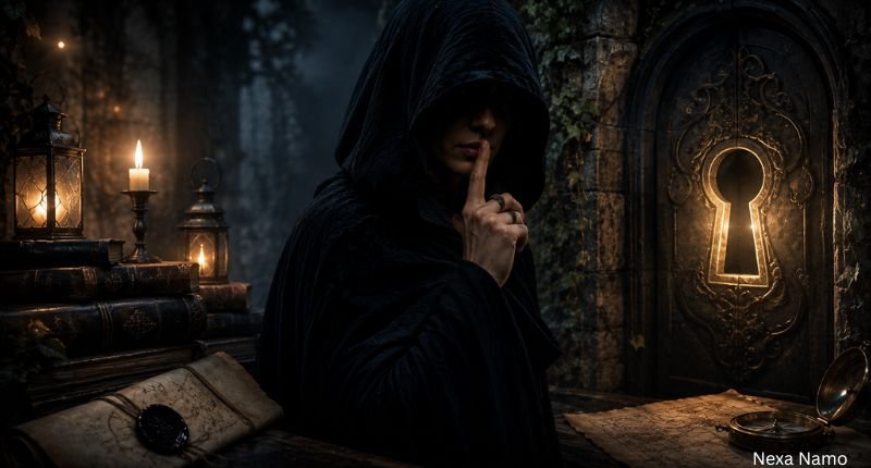 Dark fantasy scene with a hooded figure, glowing secret door, ancient books, and lanterns representing names that mean hidden and secret.