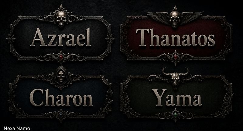 Names that mean death or darkness featuring Azrael, Thanatos, Charon, and Yama in four gothic name boxes.