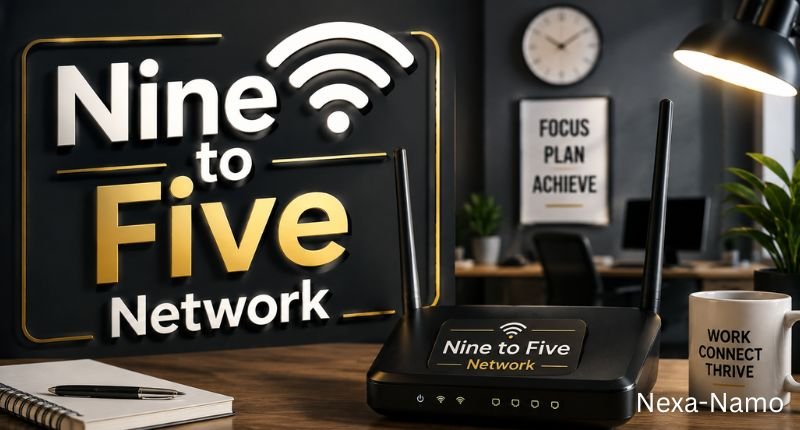 Nine to Five Network feature image showing a modern office workspace with a professional WiFi router, wireless signal icon, and productivity-inspired network theme.