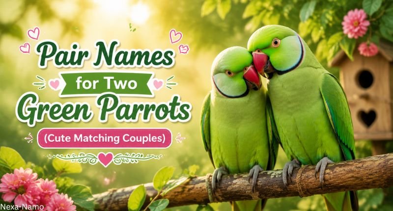 Pair names for two green parrots with cute matching couple parrot name ideas.
