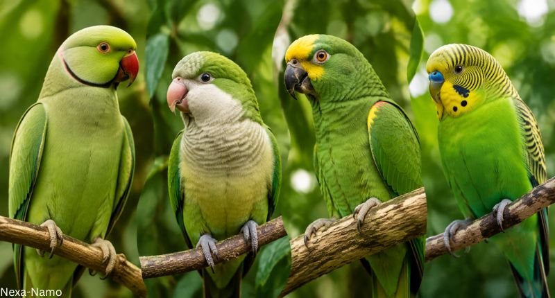 Popular names for specific green parrot species featuring different green parrots in nature.