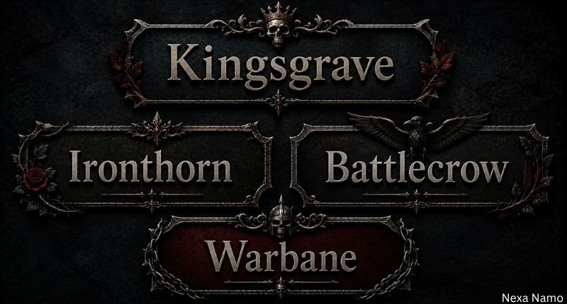 powerful last names meaning death featuring Kingsgrave, Ironthorn, Battlecrow, and Warbane in gothic name boxes