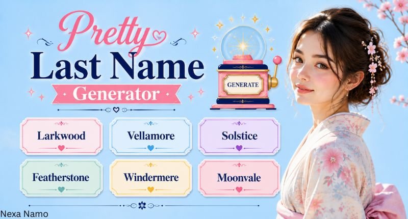 pretty last name generator with colorful surname cards, a name generator machine, and a girl