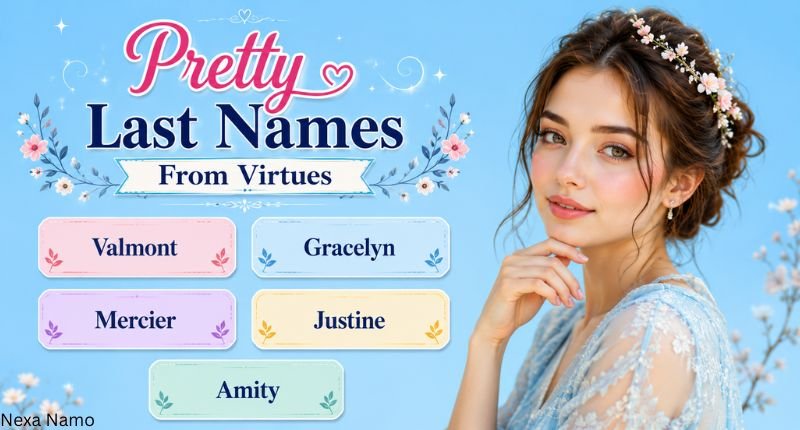 pretty last name ideas from virtues with a beautiful girl and colorful name cards