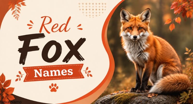 Red Fox Names featuring a realistic red fox illustration with an autumn-inspired background and creative design for unique red fox name ideas.