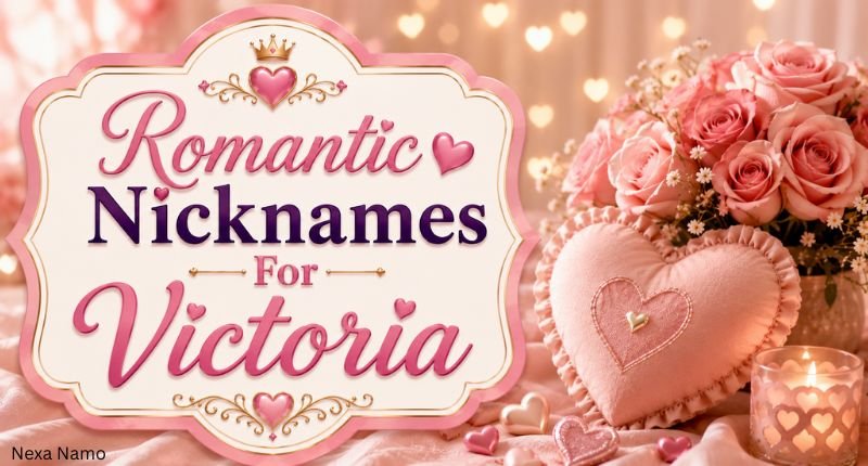 Romantic Nicknames For Victoria – Romantic Victoria Nicknames design featuring pink roses, glowing candles, heart decorations, and a dreamy love-themed setting.