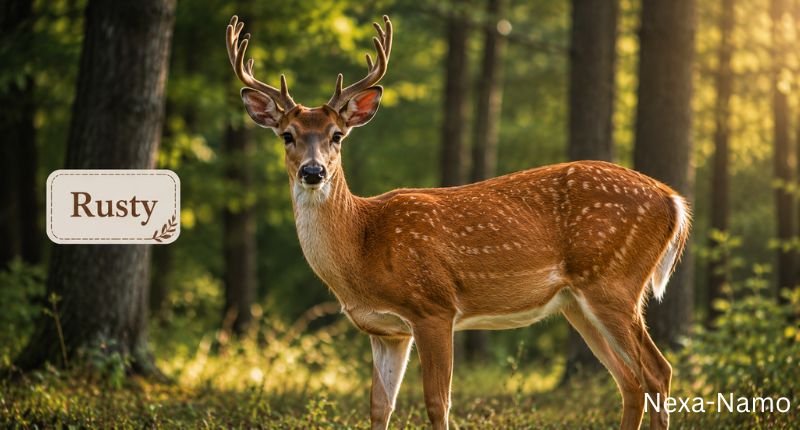 Rusty Deer – Majestic reddish-brown buck deer standing in a peaceful forest with warm golden sunlight, lush woodland scenery, and natural autumn colors.