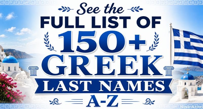 Full list of 150+ Greek last names from A to Z displayed in a bold Greek-themed design with Santorini scenery and the Greek flag.