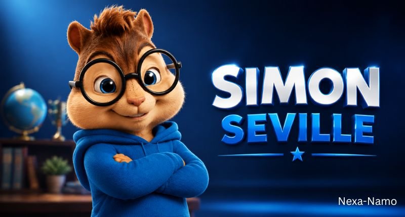 Simon Seville, the intelligent blue chipmunk character from Alvin and the Chipmunks with glasses and a smart appearance.