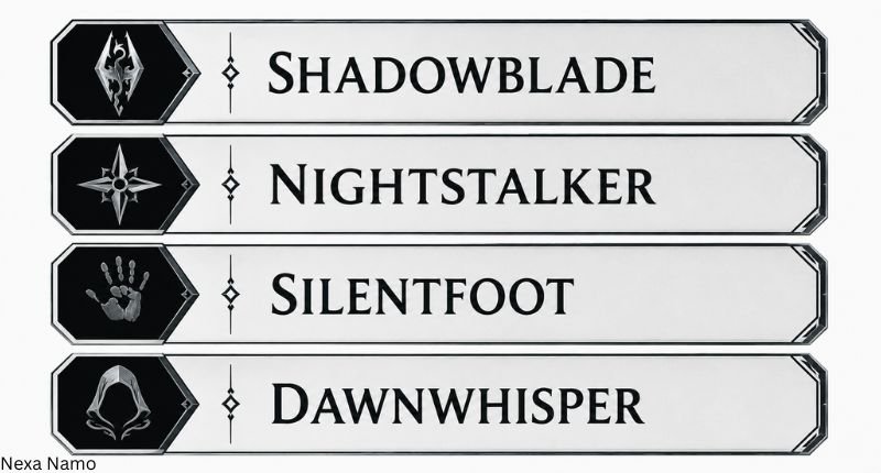 Skyrim Assassin Names featuring four dark fantasy assassin names in Skyrim-inspired decorative panels