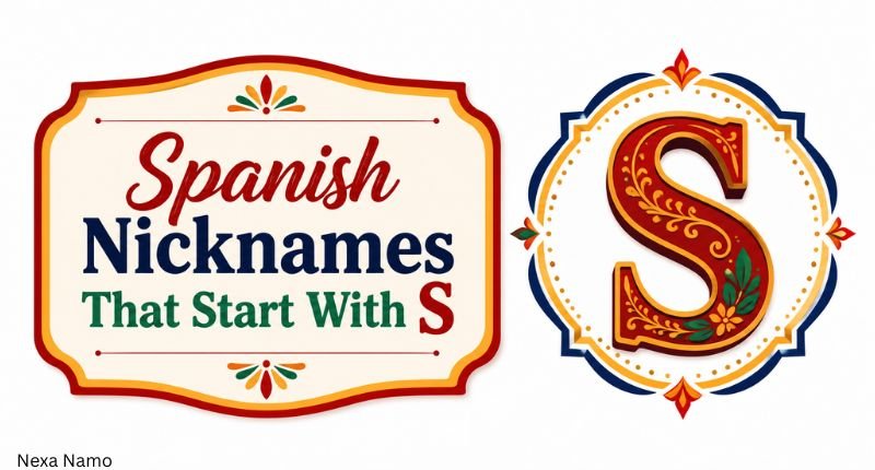 Spanish nicknames that start with S in a colorful decorative graphic featuring an ornate letter S