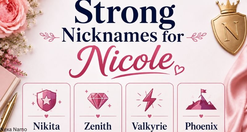 Strong nicknames for Nicole featuring four bold nickname ideas in decorative boxes