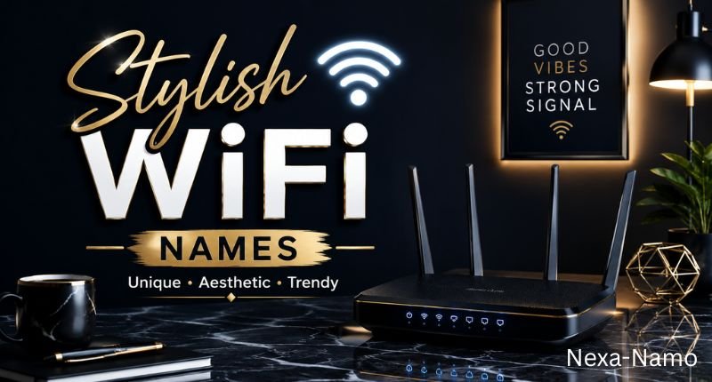 Stylish WiFi Names feature image with a modern wireless router and elegant aesthetic design showcasing unique, trendy, and creative network name ideas for home and office.