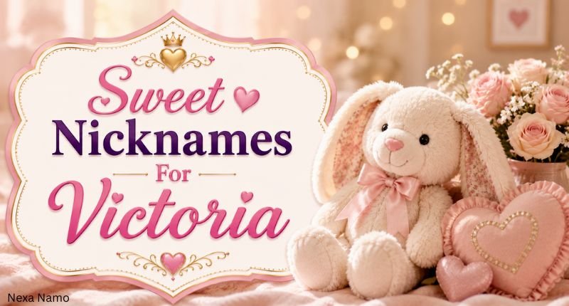 Sweet Nicknames For Victoria – Sweet Victoria Nicknames banner with a charming bunny, beautiful flowers, heart-shaped decor, and a soft pastel background.