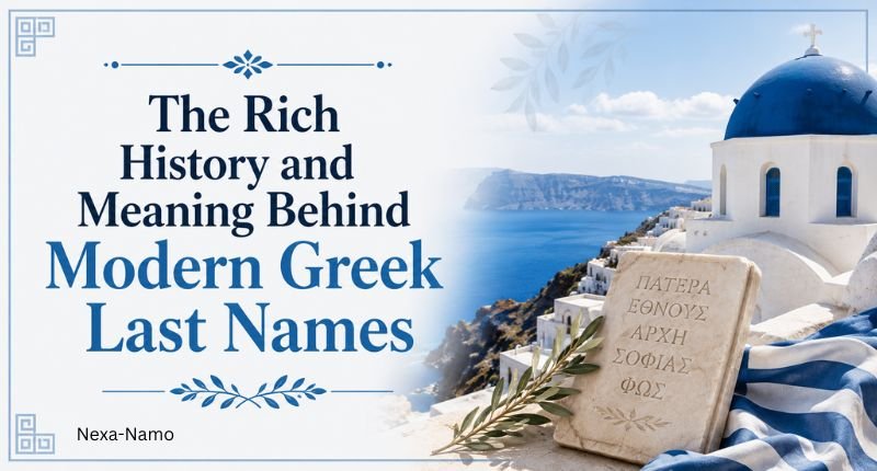 The rich history and meaning behind modern Greek last names with a Greek church, sea, olive branches, and ancient-inspired design.