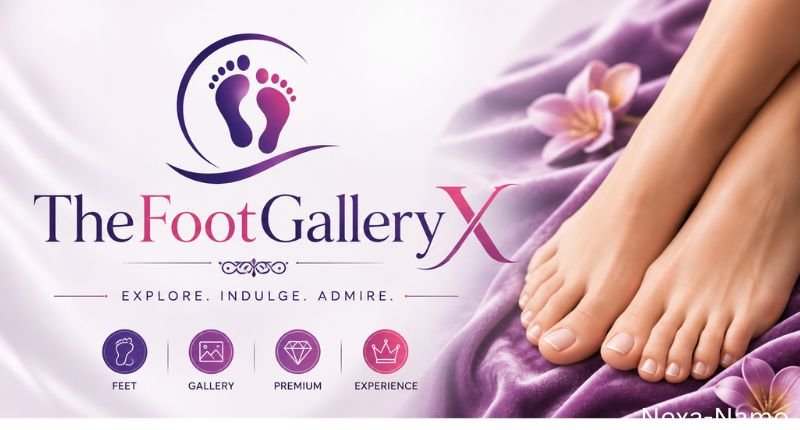 TheFootGalleryX – elegant foot gallery branding with premium purple and pink design and pedicured feet imagery.