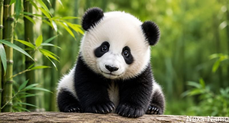 Tiny Tot baby panda sitting on a wooden log in a lush bamboo forest with an adorable expression, perfect for a cute panda names article.