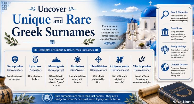 Unique and rare Greek surnames infographic featuring Greek heritage, Santorini scenery, olive branches, and surname meanings.