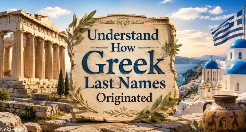 Understand how Greek last names originated with ancient Greek ruins, a Greek flag, Santorini buildings, and traditional pottery.