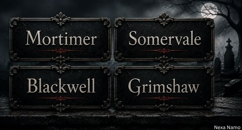 Unique last names that mean death, featuring Mortimer, Somervale, Blackwell, and Grimshaw in a gothic design.