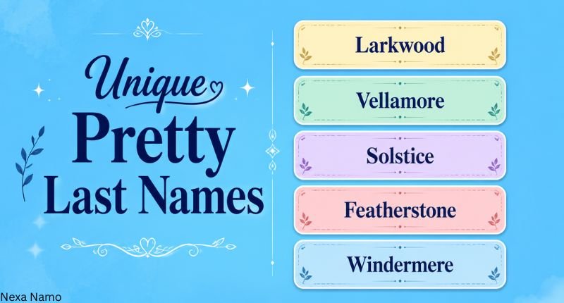 unique pretty last name ideas displayed in colorful name boxes on a sky blue background