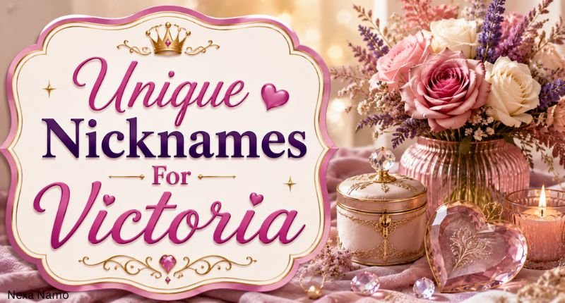 Unique Nicknames For Victoria – Unique Victoria Nicknames banner featuring elegant flowers, crystal decorations, a jewelry box, and a luxurious pastel setting.