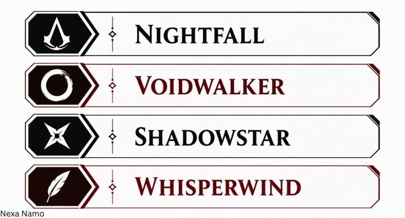 Unisex Assassin Names featuring four gender-neutral assassin names in clean decorative nameplates