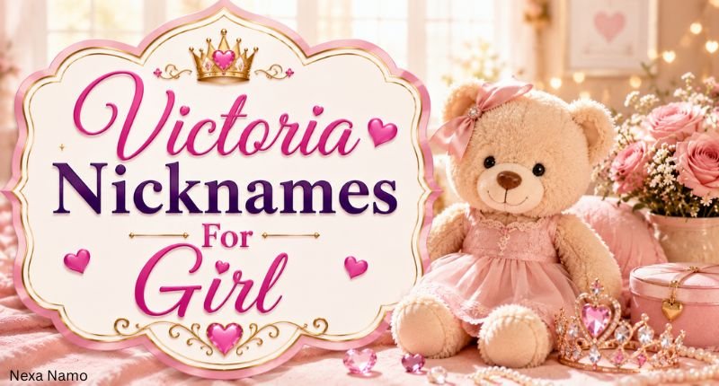 Victoria Nicknames For Girl – Cute Victoria Nicknames for girl design featuring a stylish teddy bear, tiara, pink roses, pearls, and princess-inspired decor.
