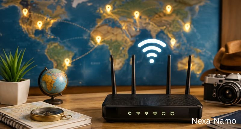 WiFi Name Ideas by Location feature image showing a modern wireless router with a world map, travel-themed elements, and global location-inspired network name concepts.