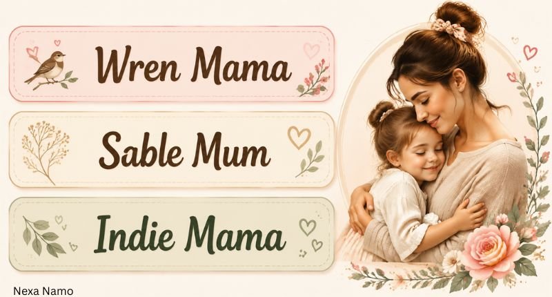 Unique mom names featuring Wren Mama, Sable Mum, and Indie Mama in elegant name boxes with a warm mother and child design