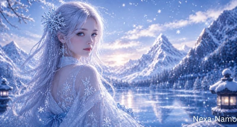 Yukine a silver-haired girl in a snowflake-adorned dress standing beside a frozen lake surrounded by snowy mountains.
