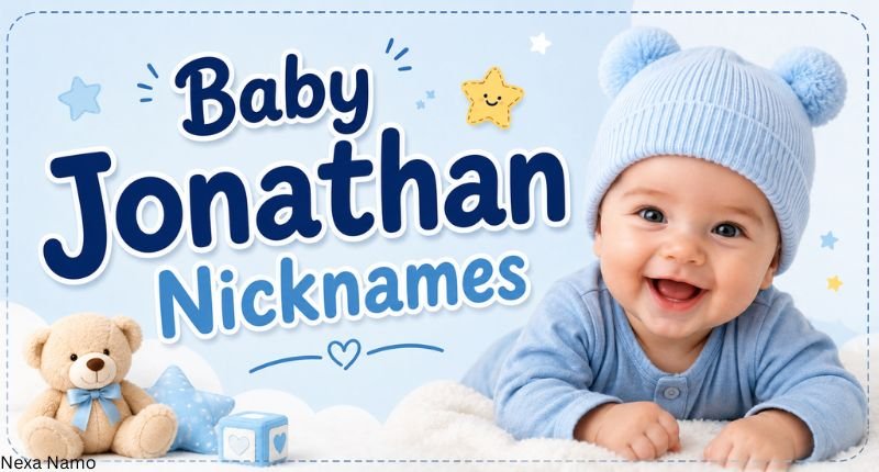 Baby Jonathan Nicknames banner featuring a cute smiling baby with soft blue nursery decor and playful nickname ideas