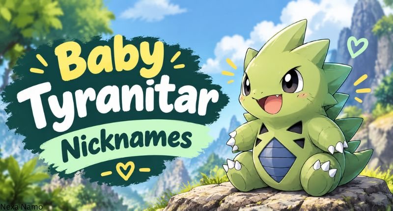 Baby Tyranitar Nicknames featuring a cute baby Tyranitar sitting on a rocky mountain landscape