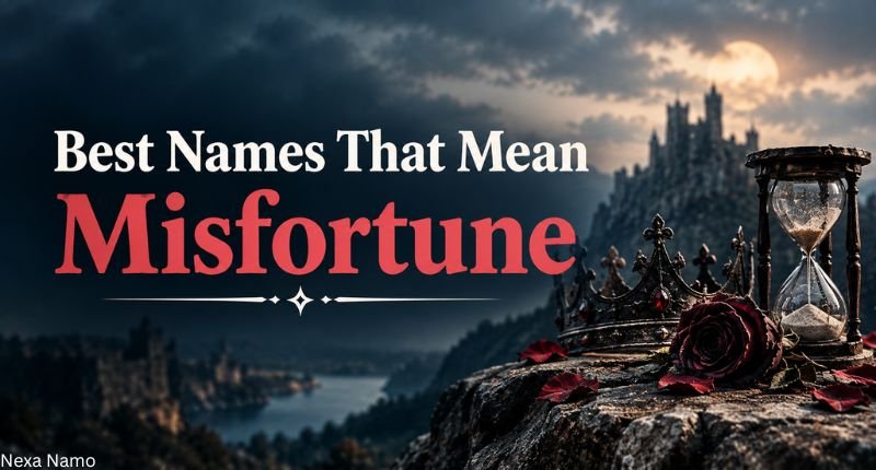 Best Names That Mean Misfortune — Dark fantasy image with an antique crown, hourglass, red rose, and gothic castle representing unlucky and tragic names.
