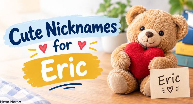 Cute Nicknames for Eric with a teddy bear holding a heart in a warm and playful setting
