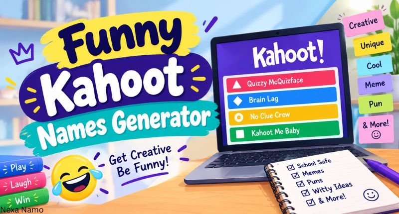 Funny Kahoot Names Generator featuring creative, funny, unique, cool, meme, pun, and school-safe Kahoot name ideas