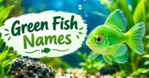 Green Fish Names – colorful green aquarium fish swimming among aquatic plants and bubbles