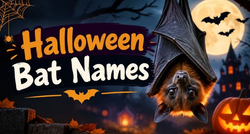 Halloween Bat Names featuring a spooky night scene with a hanging bat, full moon, pumpkins, haunted house, and festive Halloween design.