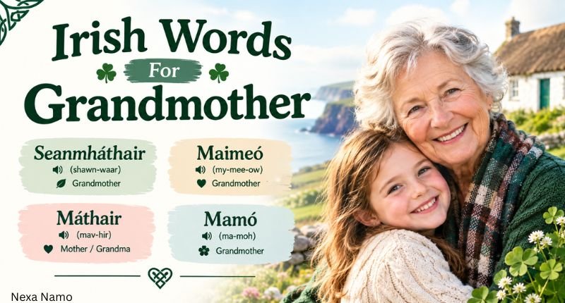 Irish words for grandmother with pronunciation and meaning, featuring traditional Irish terms