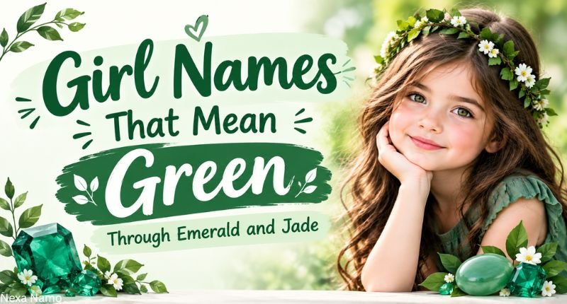 Girl Names That Mean Green Through Emerald and Jade featuring a girl with emerald and jade-inspired green tones