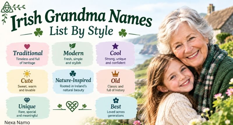 Irish grandma names list by style featuring traditional, modern, cute, old, unique and nature-inspired names