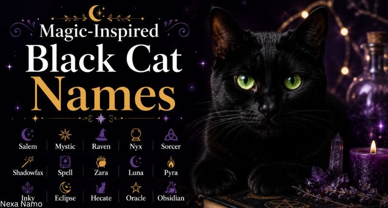 Black cat with glowing green eyes surrounded by mystical candles, crystals, and magical cat name ideas