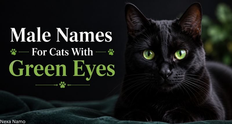 Black cat with vivid green eyes beside male names for cats with green eyes