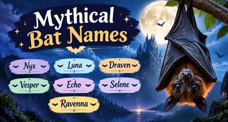 Mythical Bat Names featuring fantasy-inspired names like Nyx, Luna, Draven, Vesper, Echo, Selene, and Ravenna with a magical moonlit bat scene.