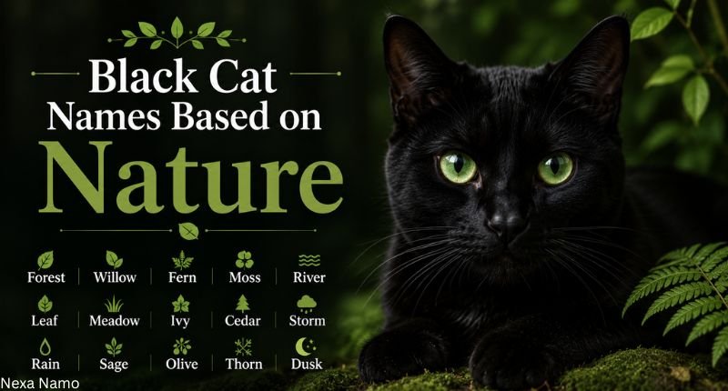 Black cat with green eyes surrounded by leaves and greenery with nature-inspired cat names