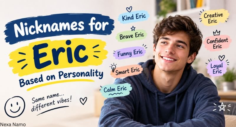 Nicknames for Eric Based on Personality with a smiling young man and colorful personality-themed labels