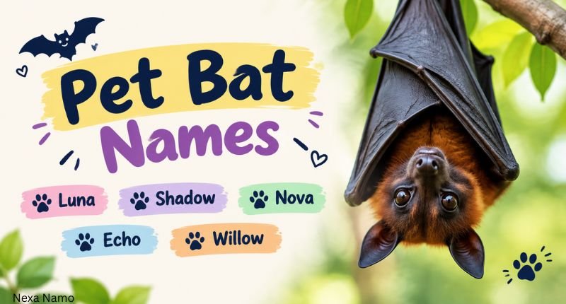 Pet Bat Names with cute name ideas like Luna, Shadow, Nova, Echo, and Willow alongside an adorable upside-down bat in a nature setting.