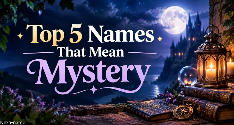Top 5 names that mean mystery with a moonlit castle, glowing lantern, antique books, and mystical night scene